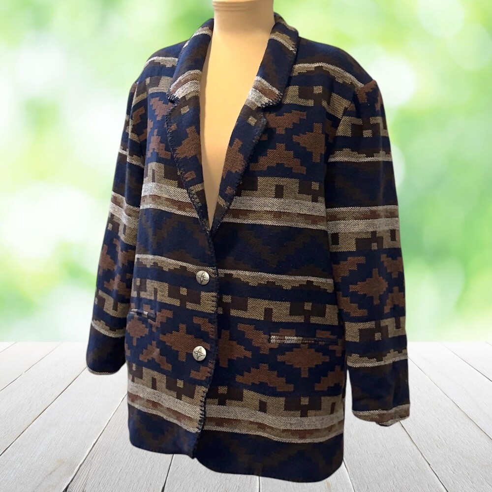 Vintage STUDIO WORKS Wool Blend Jacket Western Aztec Geo Blue Brown USA Size L